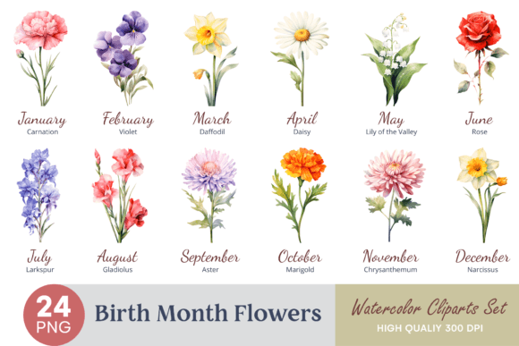 Birth Month Flower Watercolor Clipart Illustrations