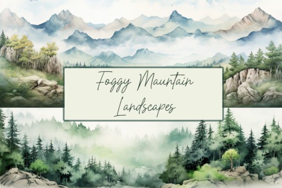 Foggy Forest Clipart & Watercolor Mountain Illustrations for Authentic Branding