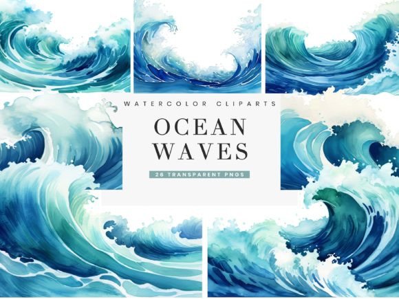 h1Watercolor Ocean Waves Borders Clipart for Modern Brand Illustrations/h1