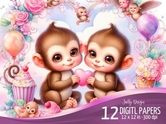 Monkeys in a Heart Wonderland Watercolor
