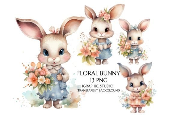 Vintage Charm Meets Floral Whimsy in Watercolor Bunny Clipart