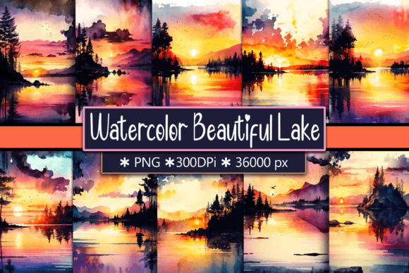 Watercolor Beautiful Lake Sunset Backgrounds for Crafters