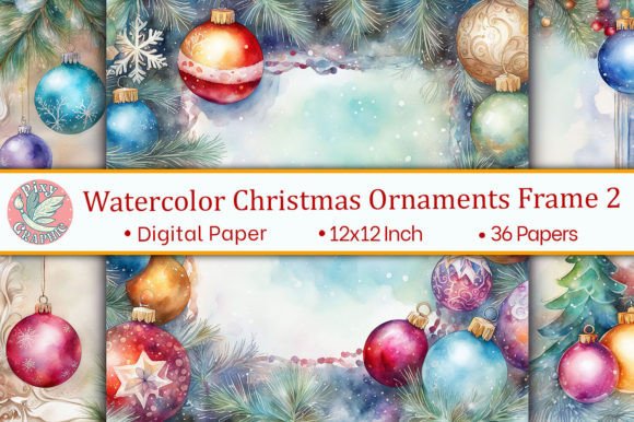 Watercolor Christmas Ornaments Frame 2 – Festive Backgrounds for Digital Sellers