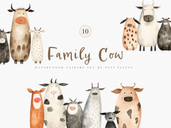 Watercolor Family Cow Clipart Bundle for Crafts & Handmade Business