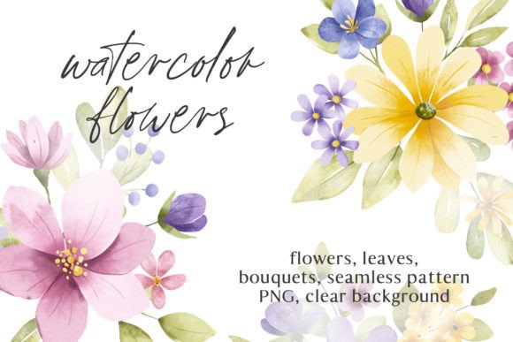 Watercolor Flowers and Leaves Set, PNG Illustrations