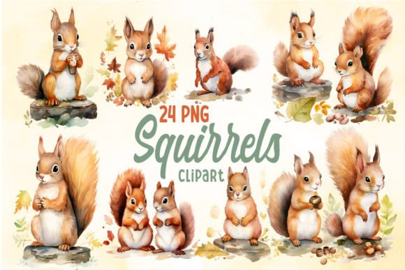 Watercolor Squirrels Clipart Bundle for Print Templates & Craft Design